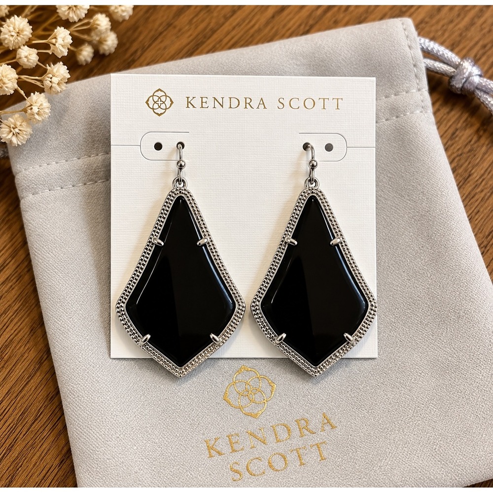 Kendra Scott Alex Drop Earrings Black Opaque Glass Silver Tone Statement